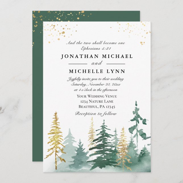 Gold Green Pine Forest Trees Christian Wedding Invitation (Front/Back)