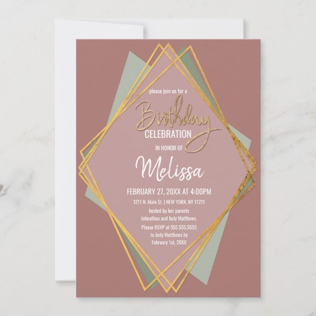 Gold Green Pink and Mauve Geometric Birthday Invitation (Front)
