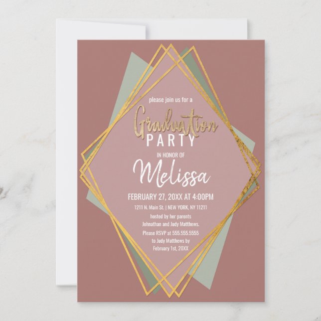 Gold Green Pink and Mauve Geometric Graduation Invitation (Front)