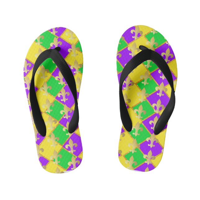 Gold Green Purple Mardi Gras Harlequin Pattern     Kid's Jandals (Footbed)