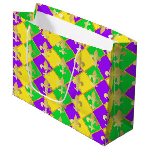 Gold Green Purple Mardi Gras Harlequin Pattern    Large Gift Bag