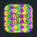 Gold Green Purple Mardi Gras Harlequin Pattern  Paper Plate<br><div class="desc">Celebrate Mardi Gras with this chic carnival rhombus harlequin argyle patten in yellow, green, purple with faux gold details logo, for a lux mardi gras festive vibes. Simple minimalistic glam chic Mardi Gras Pattern design for adults. Mardi Gras pattern home decor, Mardi Gras party parade ideas pattern. "Laissez les bon...</div>