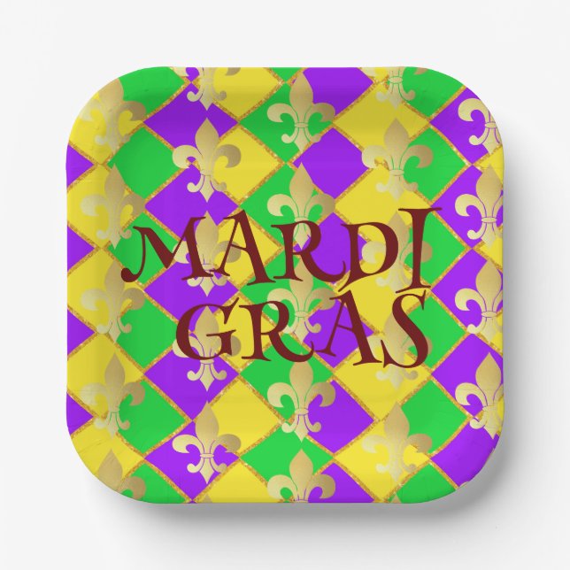 Gold Green Purple Mardi Gras Harlequin Pattern  Paper Plate (Front)