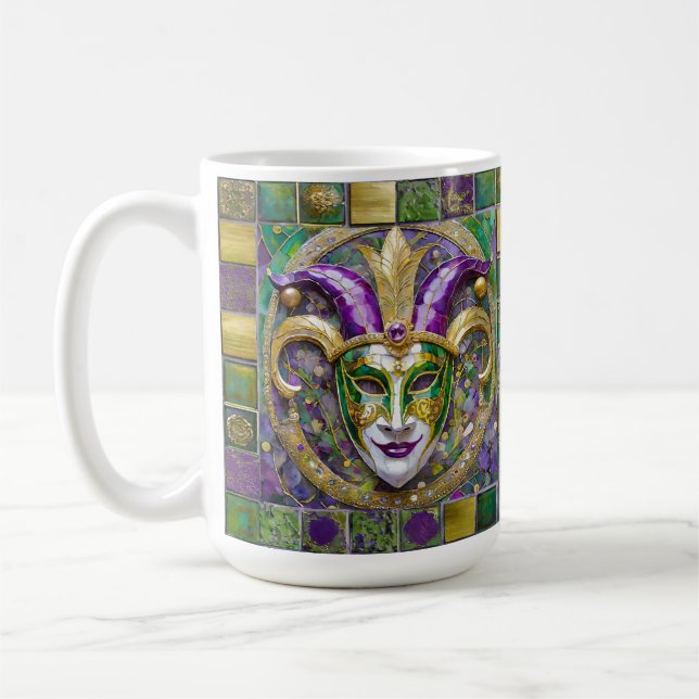 Gold Green Purple Mardi Gras Jester Mask Coffee Mug (Left)