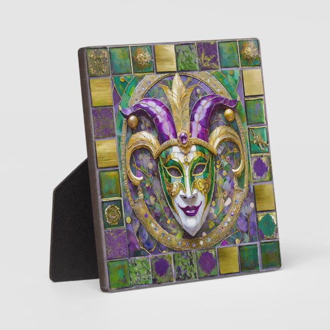 Gold Green Purple Mardi Gras Jester Mask Plaque (Front)