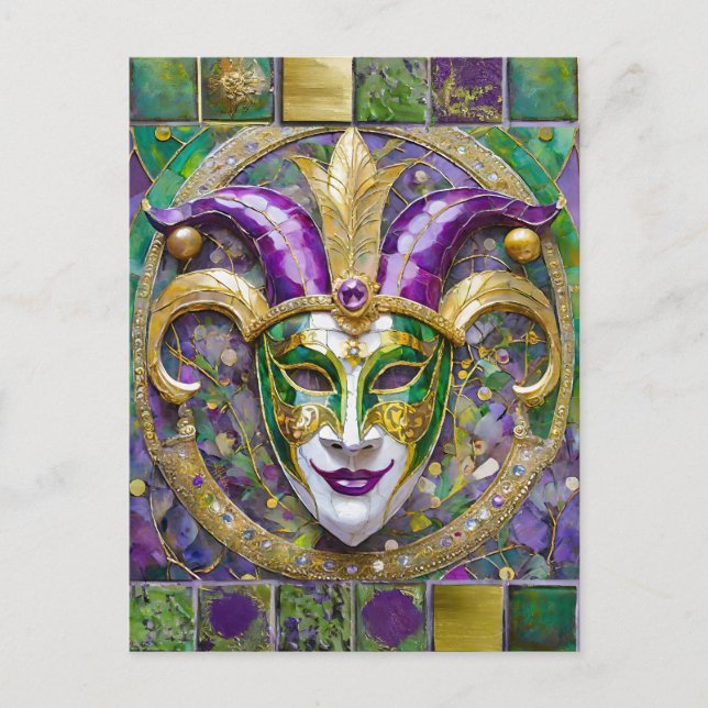 Gold Green Purple Mardi Gras Jester Mask Postcard (Front)