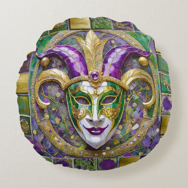 Gold Green Purple Mardi Gras Jester Mask Round Cushion (Front)