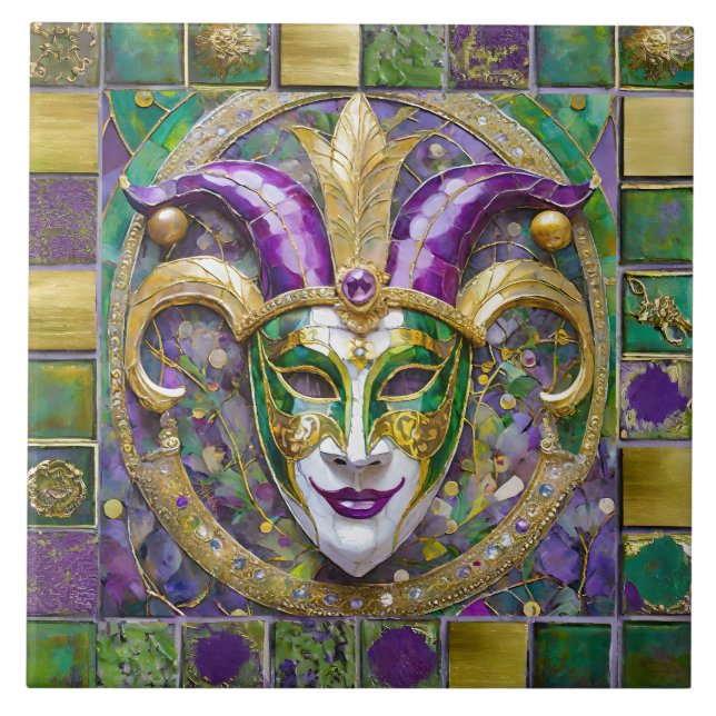 Gold Green Purple Mardi Gras Jester Mask Tile (Front)