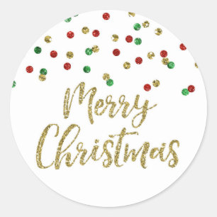 Gold Green Red Glitter Confetti Merry Christmas Classic Round Sticker