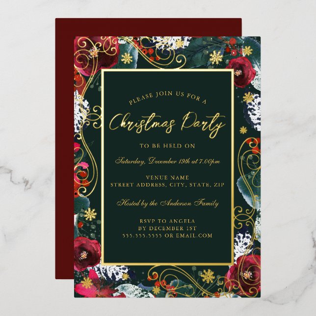Gold Green Red Swirl Flower Frame Christmas Party (Front/Back)