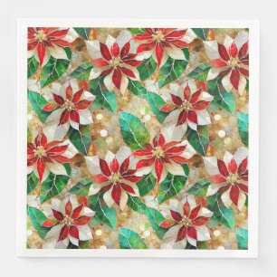 Gold Green Red White Poinsettia  Napkin