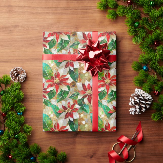 Gold Green Red White Poinsettia Wrapping Paper (Holiday Gift)