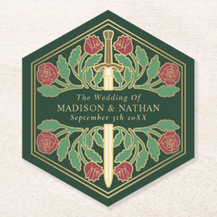 Gold Green Royal Mediaeval Floral Sword Wedding Paper Coaster