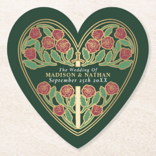 Gold Green Royal Mediaeval Floral Sword Wedding Paper Coaster