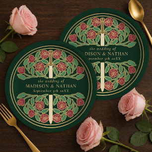 Gold Green Royal Mediaeval Floral Sword Wedding  Paper Plate