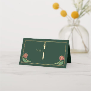 Gold Green Royal Mediaeval Floral Sword Wedding Place Card