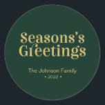 Gold & Green Seasons Greeting Christmas Holiday Classic Round Sticker<br><div class="desc">This modern sticker design features a gold textured lettering "Seasons Greeting" with custom text. You can add this stylish sticker to your Christmas card envelope,  or gift. More holiday designs are available at my store BaraBomDeisgn.</div>