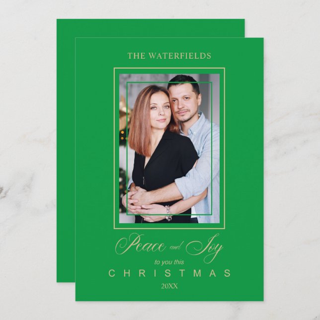 Gold Green Simple Modern Christmas Photo Family (Front/Back)