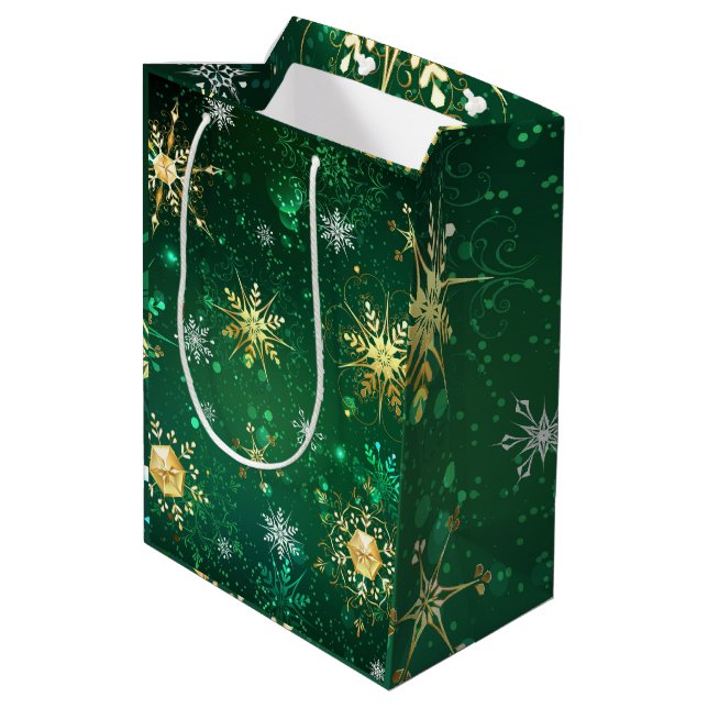Gold Green Snowflakes Xmas Christmas Medium Gift Bag (Back Angled)