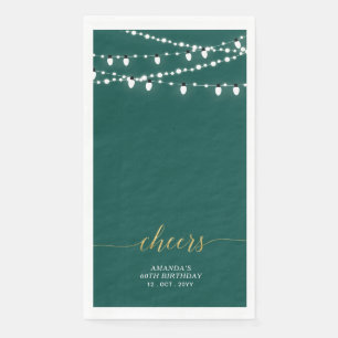 Gold & Green String Light Elegant Lettering Cheers Napkin