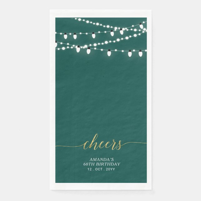 Gold & Green String Light Elegant Lettering Cheers Napkin (Front)