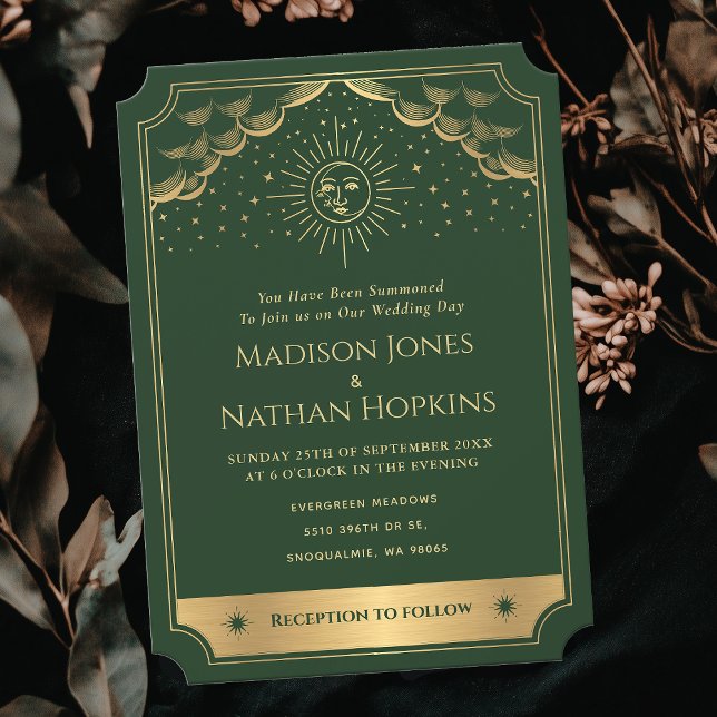 Gold Green Sun Moon Tarot Card Wedding Invitation (Creator Uploaded)
