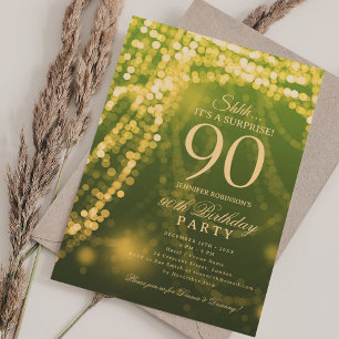Gold + Green Surprise 90th Birthday Party Invitation