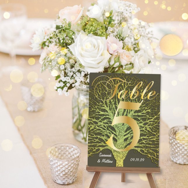Gold Green Swirly Tree Table Number 5 Postcard (Creator Uploaded)