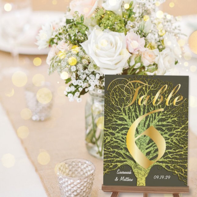 Gold Green Swirly Tree Table Number 6 Postcard (Creator Uploaded)