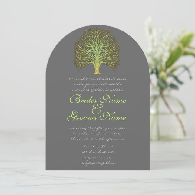Gold Green Swirly Tree Wedding Invitation (Standing Front)
