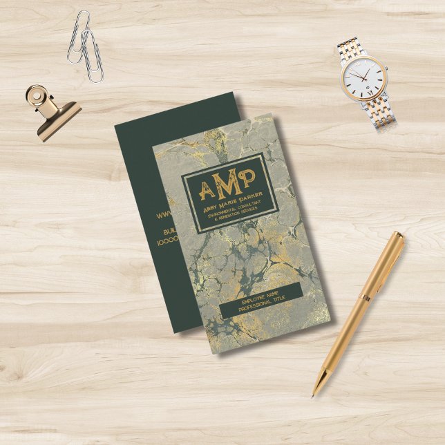 Gold &Green Textured 3 Letter Monogram Business Card (Creator Uploaded)