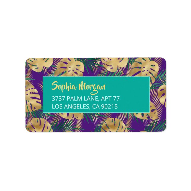 Gold/Green Tropical Leaves NameAddress Purple/Teal Label (Front)