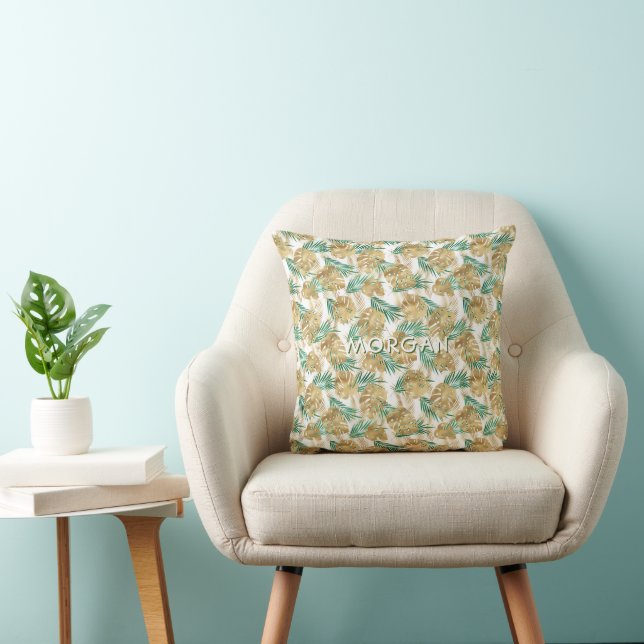 Gold/Green Tropical Leaves, Personalise White Name Cushion (Chair)