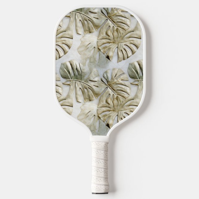 Gold Green Tropical Leaves Sage Pickleball Paddle (Front)