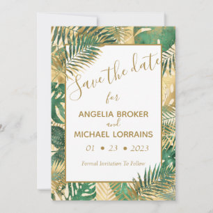 Gold Green Tropical Leaves Save the Date Invitatio Invitation