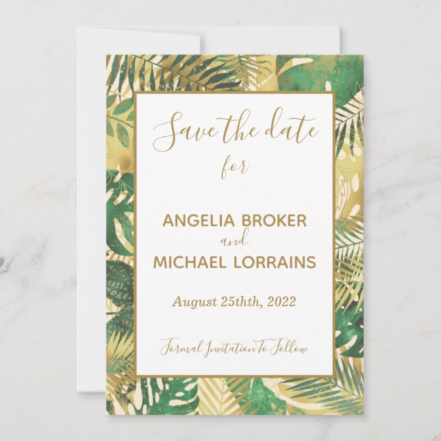 Gold Green Tropical Leaves Save the Date Wedding Invitation (Front)