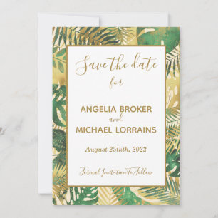Gold Green Tropical Leaves Save the Date Wedding Invitation