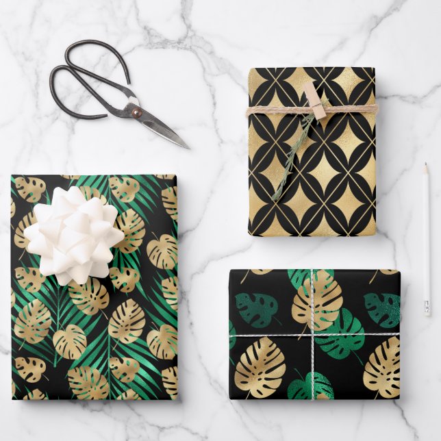 Gold & Green Tropical Leaves Wrapping Paper Sheet (Front)
