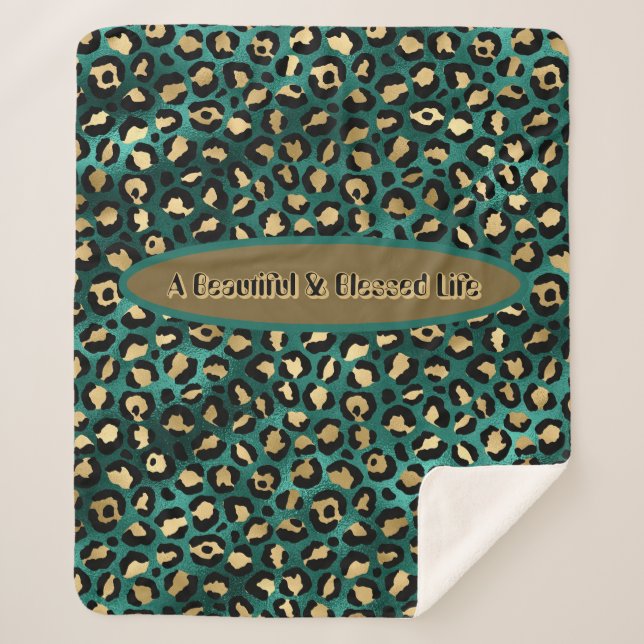 Gold Green Tropical Leopard Fleece Sherpa Blanket (Front)