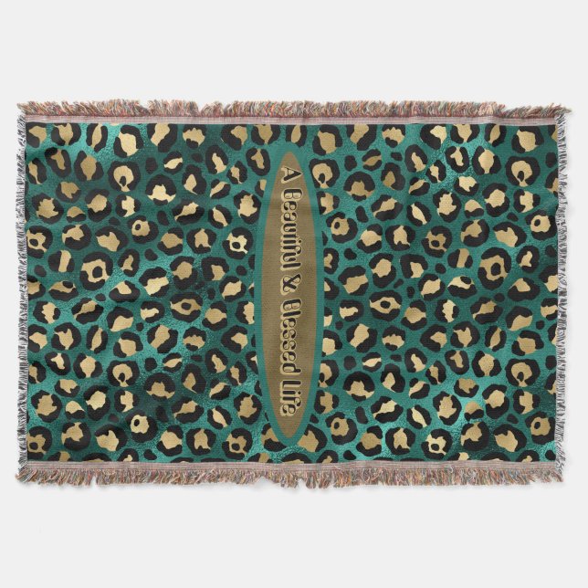 Gold Green Tropical Leopard  Throw Blanket (Front)
