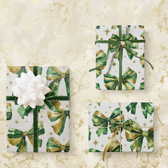 Gold Green Vintage Bows Christmas Wrapping Paper Sheet (Gold green Christmas bows wrapping paper sheets for holiday gift giving)