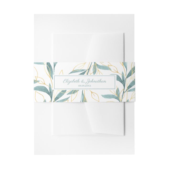 Gold Green Watercolor Floral Wedding Invitation Belly Band (Front Example)