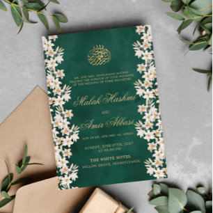 Gold & Green White Floral Islamic Muslim Wedding Invitation