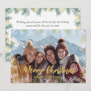 Gold Green White Modern Botanical Photo Christmas Holiday Card