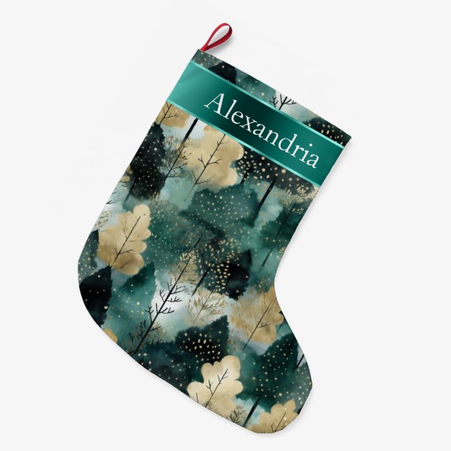 Gold Green White Trees Christmas Name Large Christmas Stocking (Front (Hanging))