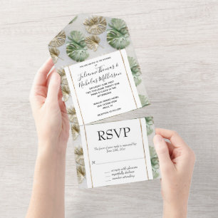 Gold Green White Tropical Leaves All In One Invitation