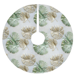 Gold Green White Tropical Leaves Brushed Polyester Tree Skirt