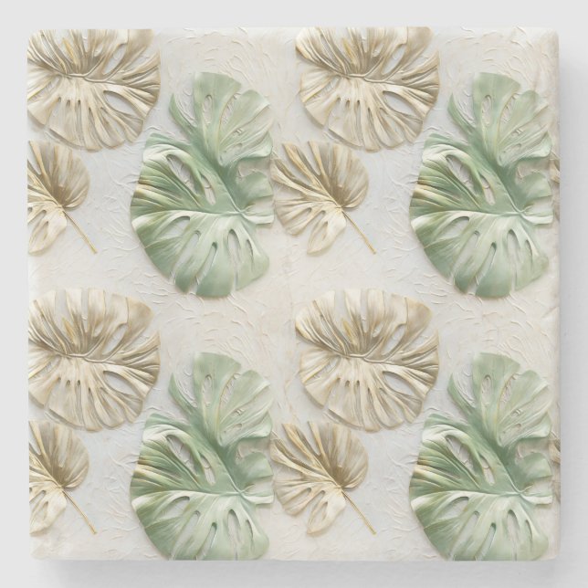 Gold Green White Tropical Leaves Stone Coaster (Front)