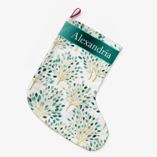 Gold Green White Whimsical Trees Christmas Name Large Christmas Stocking