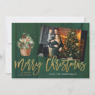 Gold & Green Wood Rustic Merry Christmas Photo
